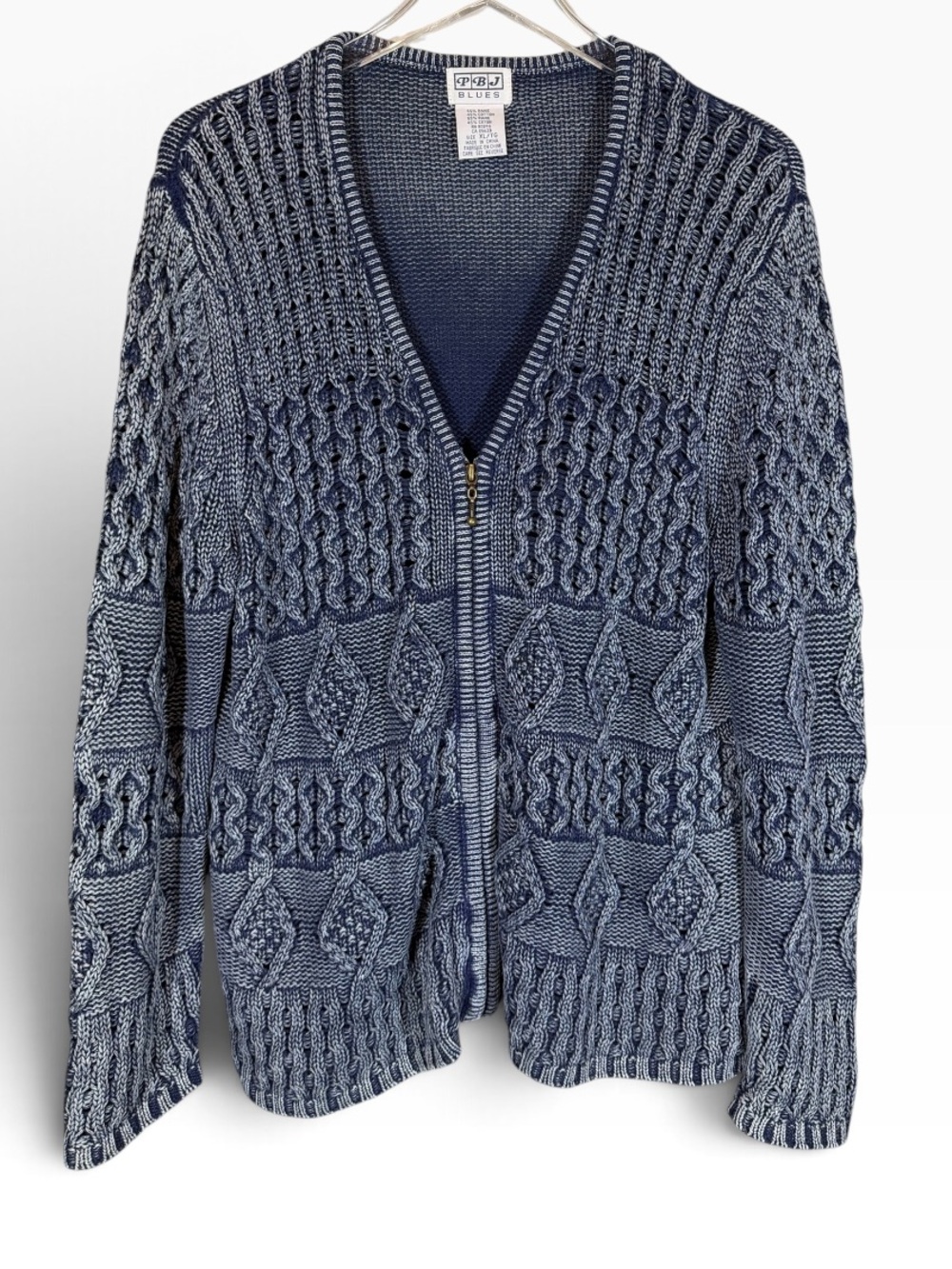 VINTAGE PBJ BLUES Women's XL Blue Cable Knit V-Neck Zip Cardigan